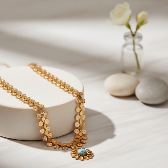 ๐18K Stainless Steel Vintage Boho Chic Flower Necklace Flower Turquoise Charm - Picture 5 of 11